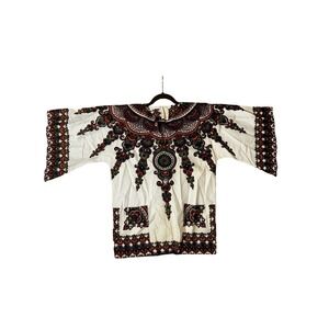 Vintage Dashiki by Katari White Cotton African Print Tunic Top Boho Hippie XL